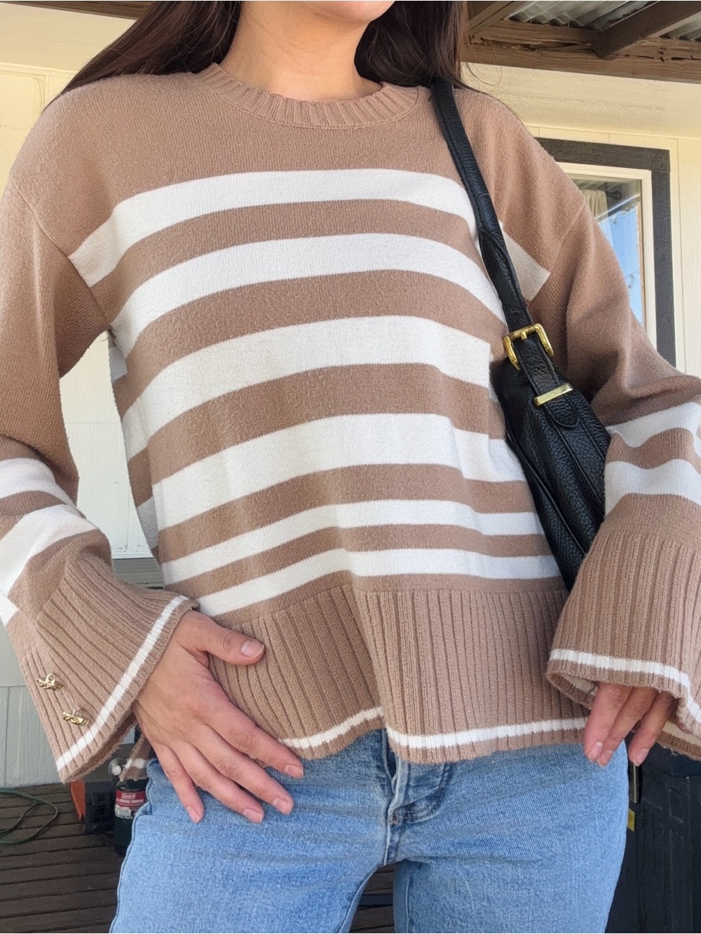 Taupe and White Striped Crewneck Sweater